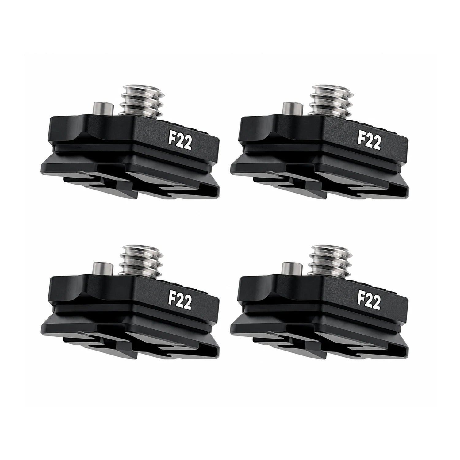 DigitalFoto F22 quick release kit four pack on white background for camera rig and filmmaking accessory mounting