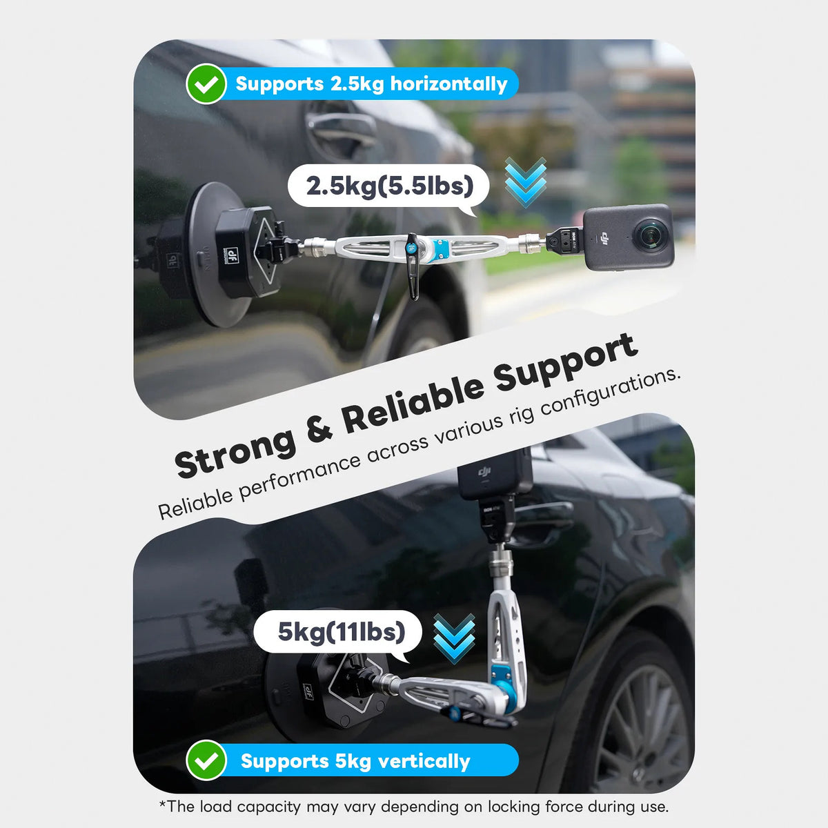 DigitalFoto IRON-311D load capacity of 5 kg vertical and 2.5 kg horizontal on a car suction mount