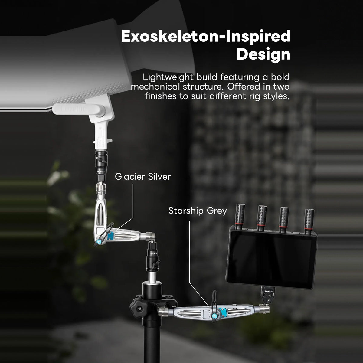DigitalFoto IRON-311D magic arm in Glacier Silver and Starship Grey holding a monitor