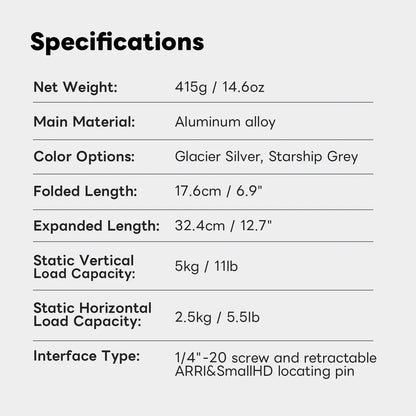 DigitalFoto IRON-311D specifications chart with weight, lengths and load capacity