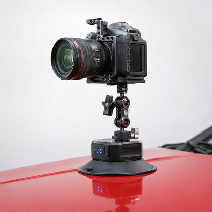 DigitalFoto SNIPER-EPUCK6 electric suction cup holding a caged camera on a car bonnet