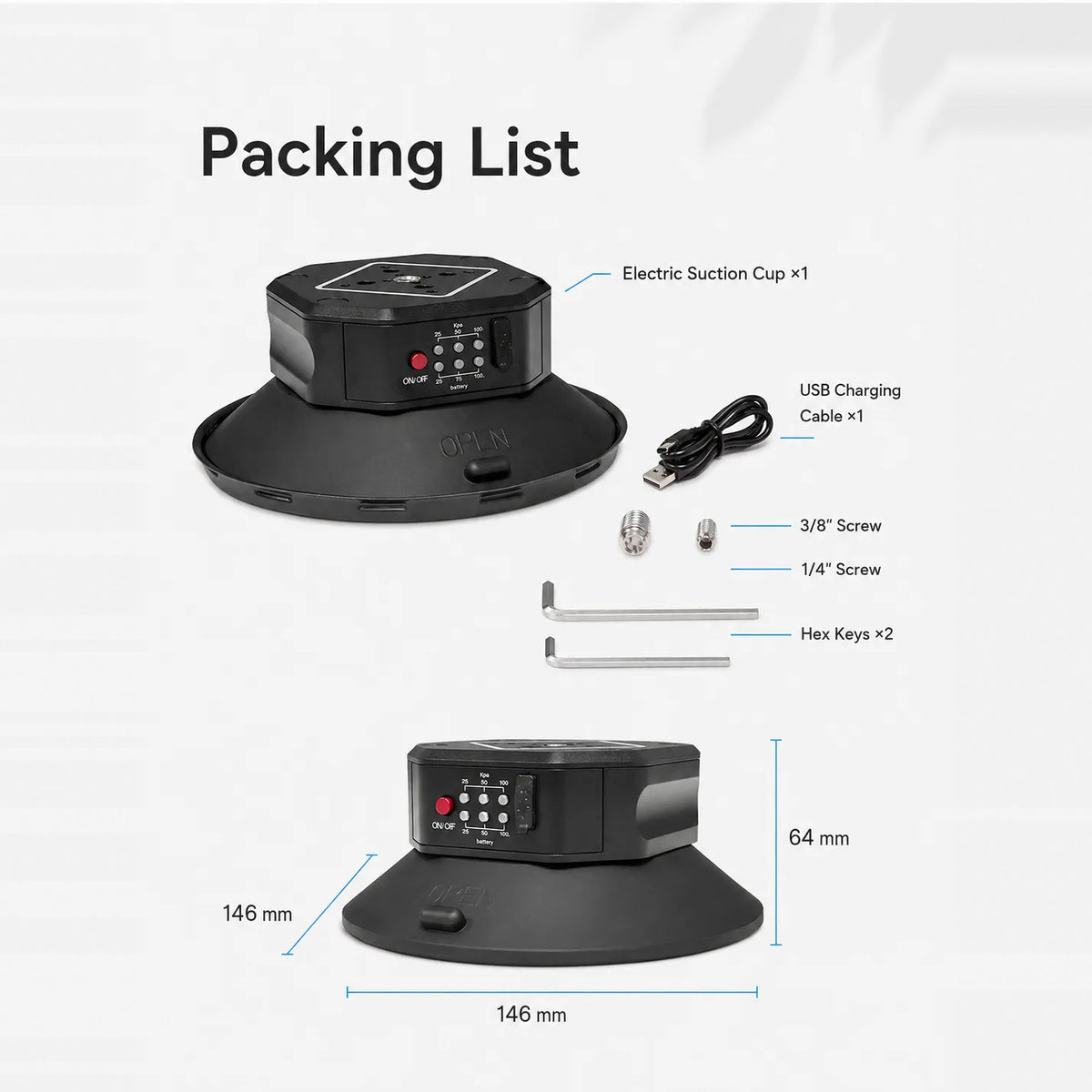 DigitalFoto SNIPER-EPUCK6 packing list and 146 mm by 64 mm dimensions with USB cable, screws and hex keys