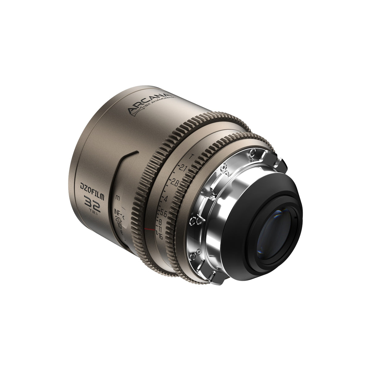 DZOFilm Arcana 1.5x anamorphic 45mm T2.1 FF cine lens, PL mount, angled view
