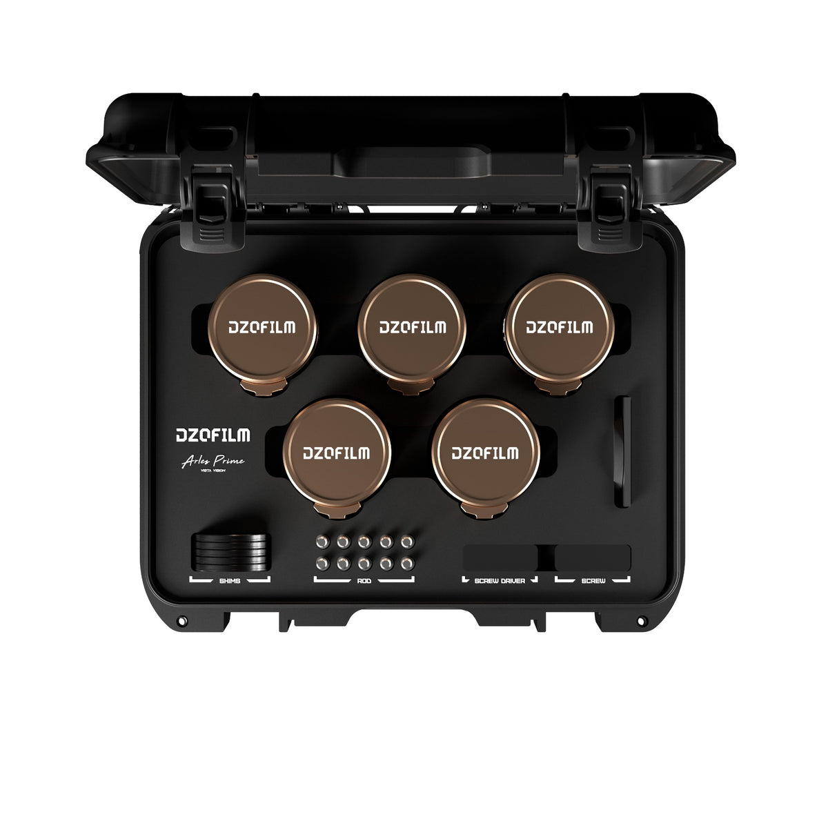 DZOFilm Arles Lustre T1.6 FF/VV 5-lens set (PL mount) in hard case foam, top view