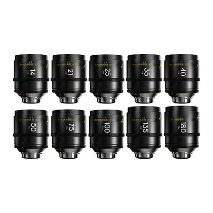 DZOFilm Arles Prime FF/VV 10-lens set (14 to 180mm), PL mount, upright side view