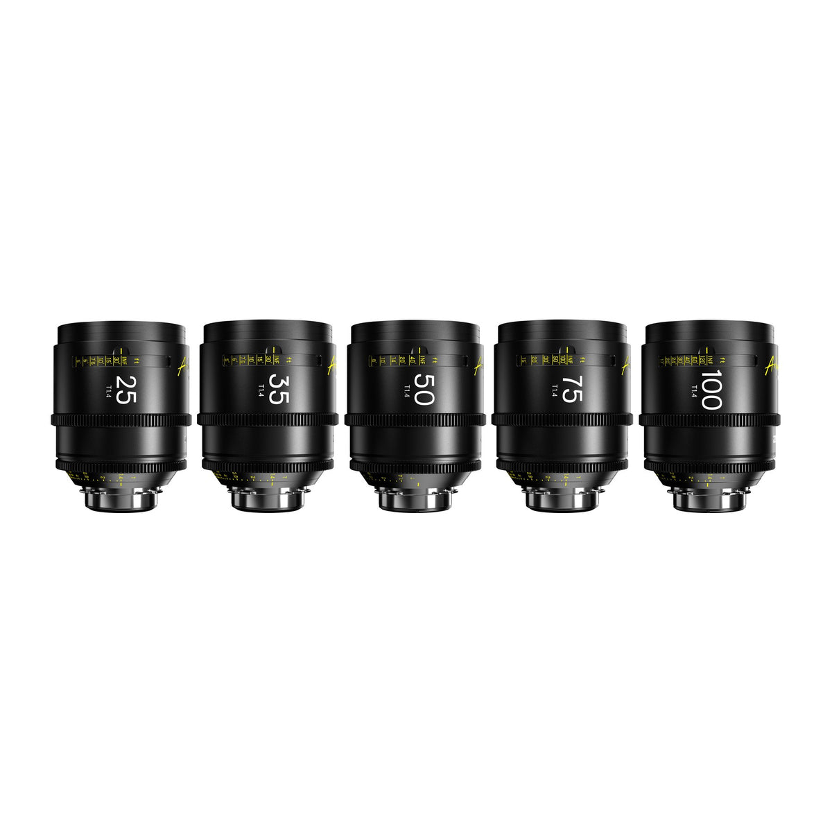 DZOFilm Arles Prime T1.4 FF/VV 5-lens A set (25, 35, 50, 75, 100mm), PL mount, upright side view