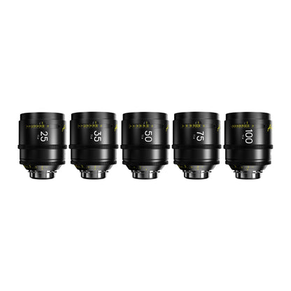 DZOFilm Arles Prime T1.4 FF/VV 5-lens A set (25, 35, 50, 75, 100mm), PL mount, upright side view