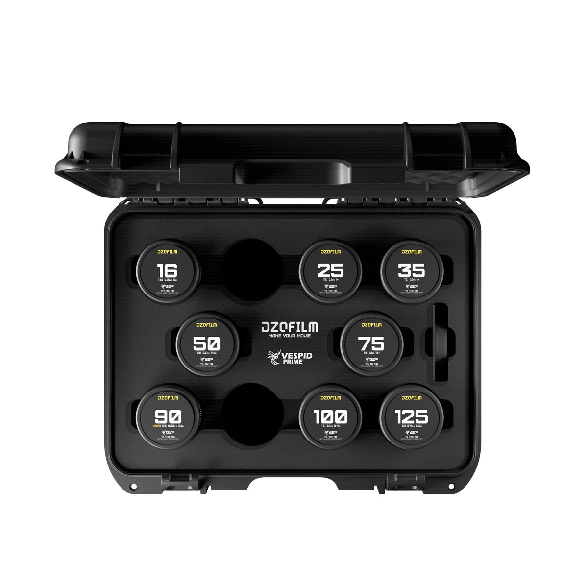 DZOFilm Arles Prime T1.4 FF/VV 8-lens set (PL mount) in hard case foam, top view