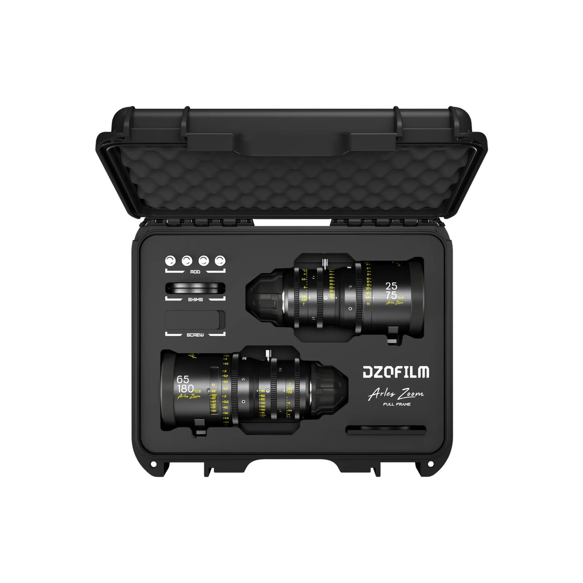 DZOFilm Arles Zoom T2.6 FF/VV 2-lens set (25-75mm and 65-180mm, PL mount) in case foam, top view