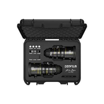 DZOFilm Arles Zoom T2.6 FF/VV 2-lens set (25-75mm and 65-180mm, PL mount) in case foam, top view