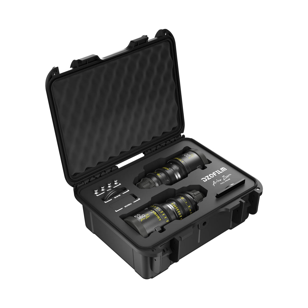 DZOFilm Arles Zoom T2.6 FF/VV 2-lens set (PL mount) in open hard case with accessories