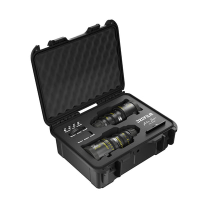 DZOFilm Arles Zoom T2.6 FF/VV 2-lens set (PL mount) in open hard case with accessories