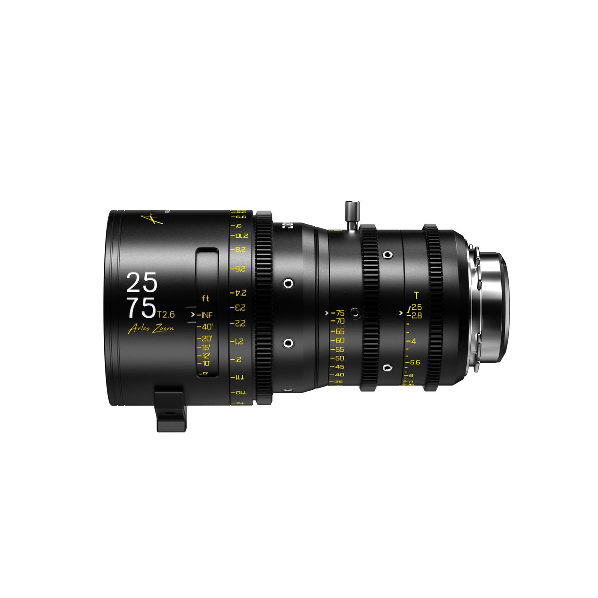 DZOFilm Arles Zoom 25-75mm T2.6 FF/VV cine zoom lens, PL mount, angled view with lens support bracket