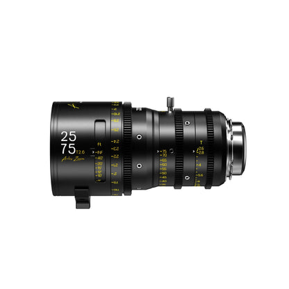 DZOFilm Arles Zoom 25-75mm T2.6 FF/VV cine zoom lens, PL mount, angled view with lens support bracket