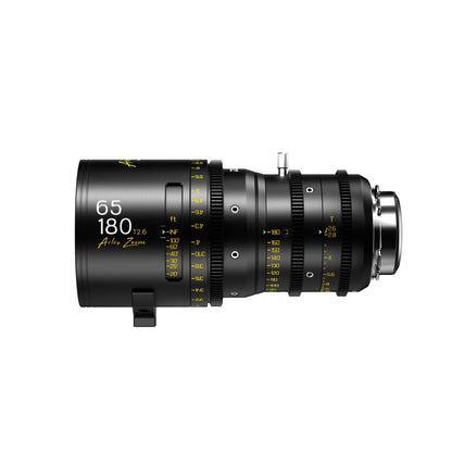 DZOFilm Arles Zoom 65-180mm T2.6 FF/VV cine zoom lens, PL mount, angled view with lens support bracket