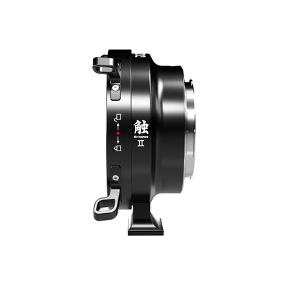 DZOFilm Octopus II PL lens mount adapter, side profile with mounting bracket
