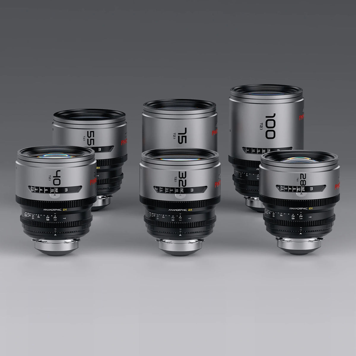 DZOFilm Pavo 2x anamorphic 6-lens set (28, 32, 40, 55, 75, 100mm) grouped, front view