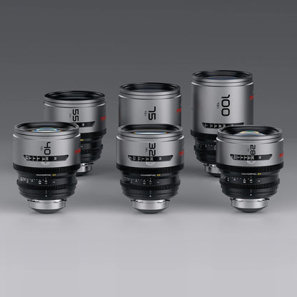 DZOFilm Pavo 2x anamorphic 6-lens set (28, 32, 40, 55, 75, 100mm) grouped, front view