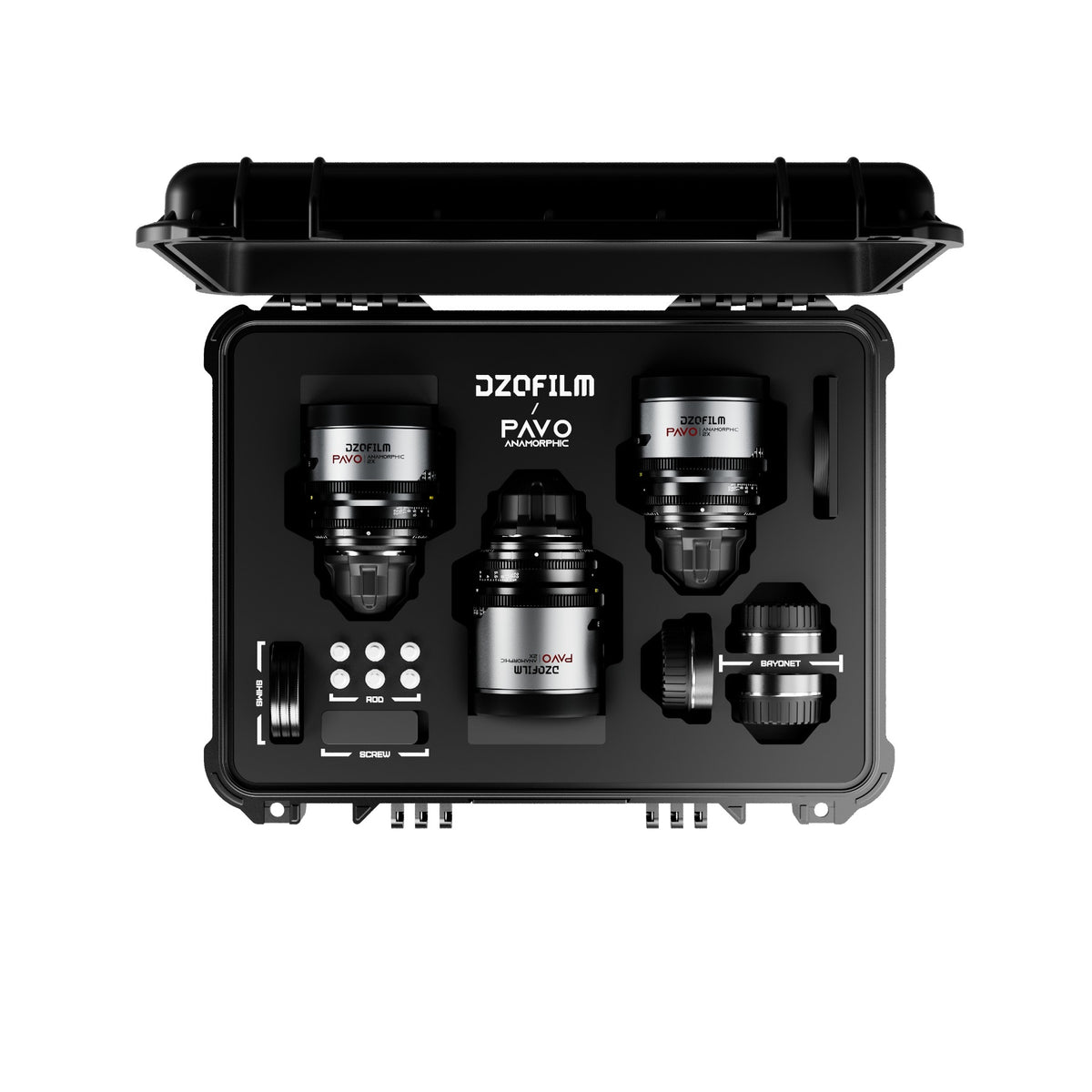 DZOFilm Pavo 2x anamorphic cine lens set in open hard case