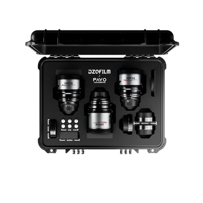 DZOFilm Pavo 2x anamorphic cine lens set in open hard case