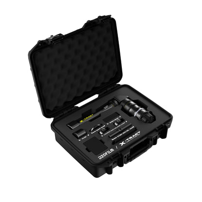 DZOFilm X-tract 18-28mm T8 probe lens complete kit in open hard case, angled view
