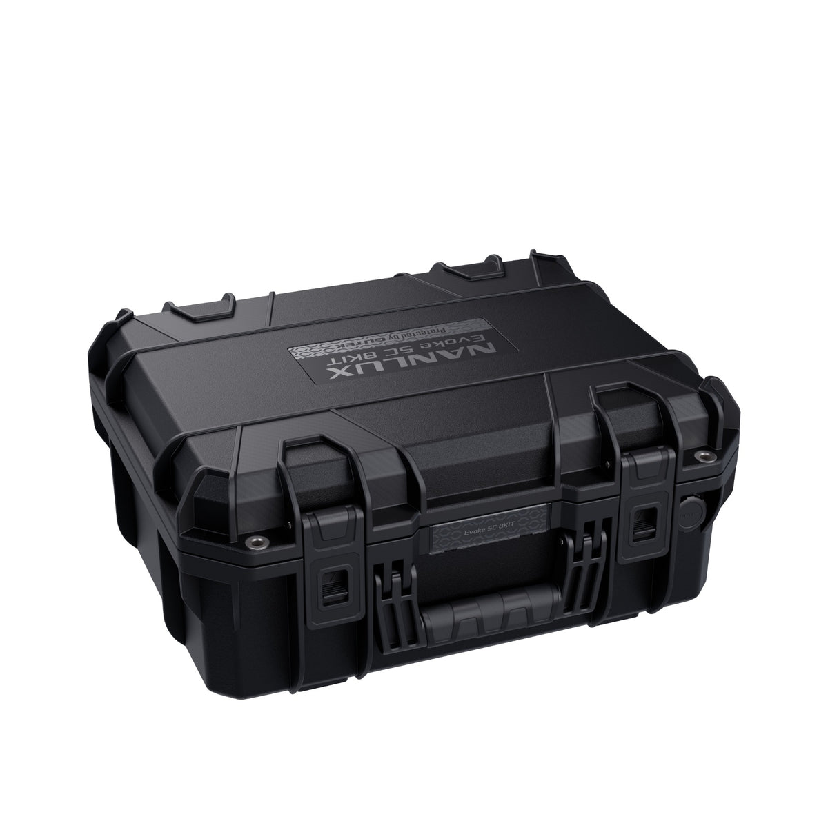 Closed protective case from 3/4 angle showing rugged exterior with carry handles, latch mechanisms, and NANLUX branding on textured surface.