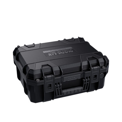 Closed protective case from 3/4 angle showing rugged exterior with carry handles, latch mechanisms, and NANLUX branding on textured surface.