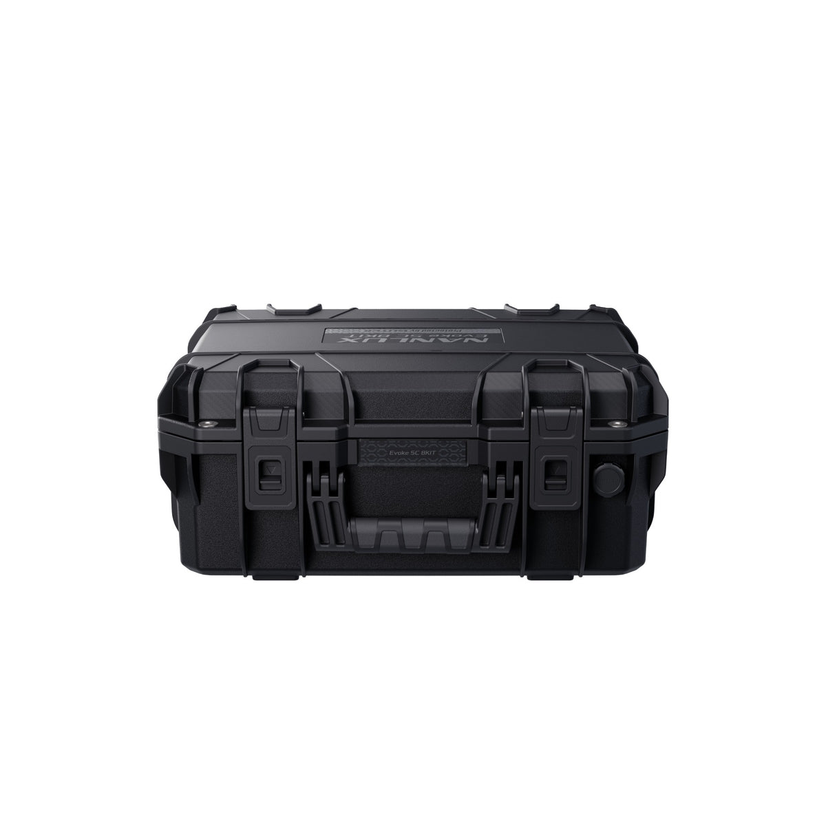 Closed case front-facing view showing latch mechanisms, carry handle cutout, and Evoke 5C 8KIT label centered on case.