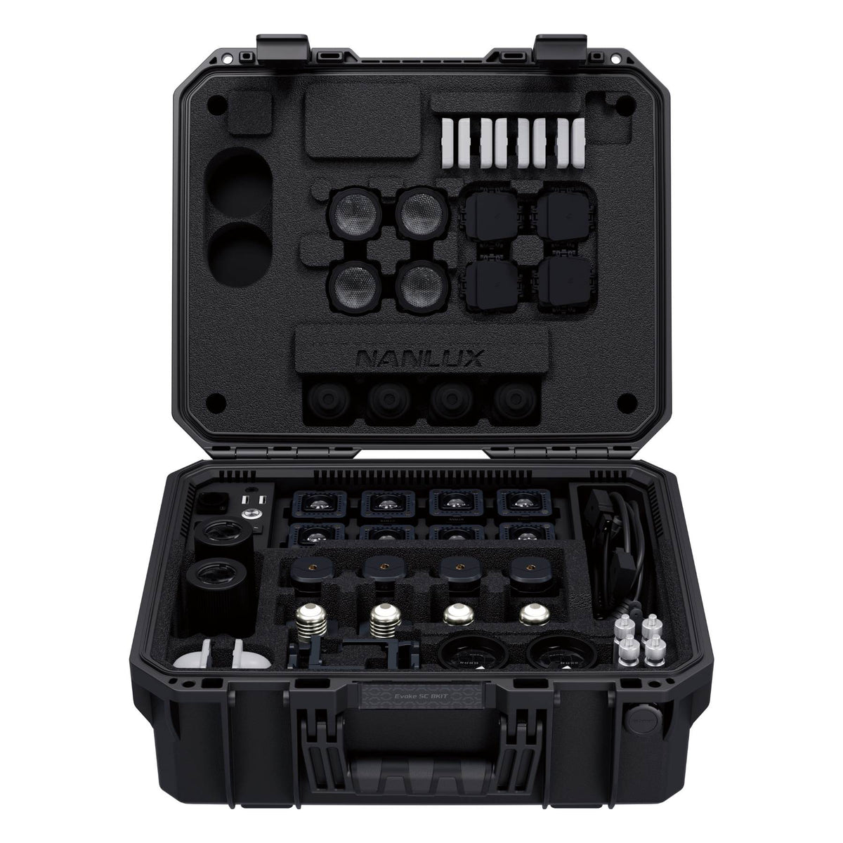 Fully open case displaying both foam inserts with visible lights mounted, batteries, cables, and small accessories neatly organized in fitted compartments.