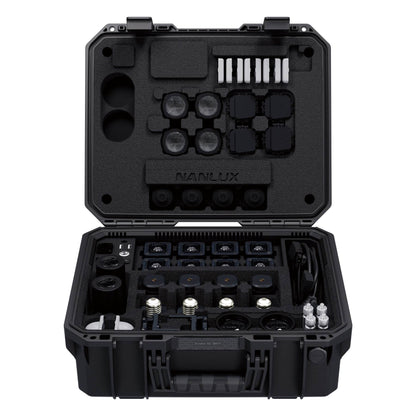 Fully open case displaying both foam inserts with visible lights mounted, batteries, cables, and small accessories neatly organized in fitted compartments.