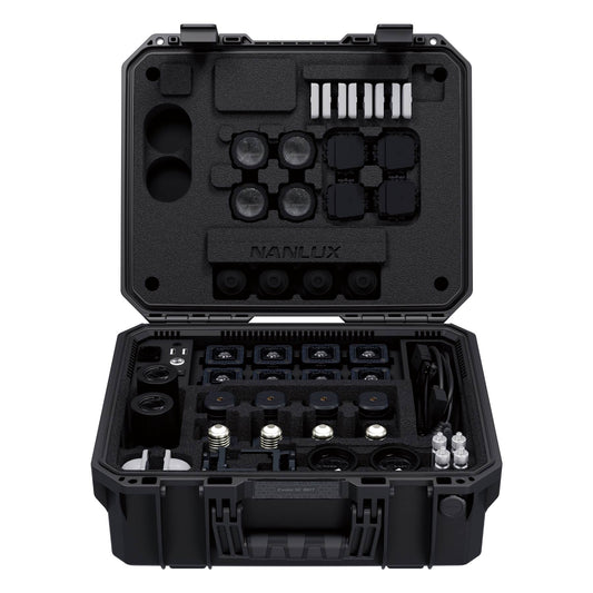 Fully open case displaying both foam inserts with visible lights mounted, batteries, cables, and small accessories neatly organized in fitted compartments.