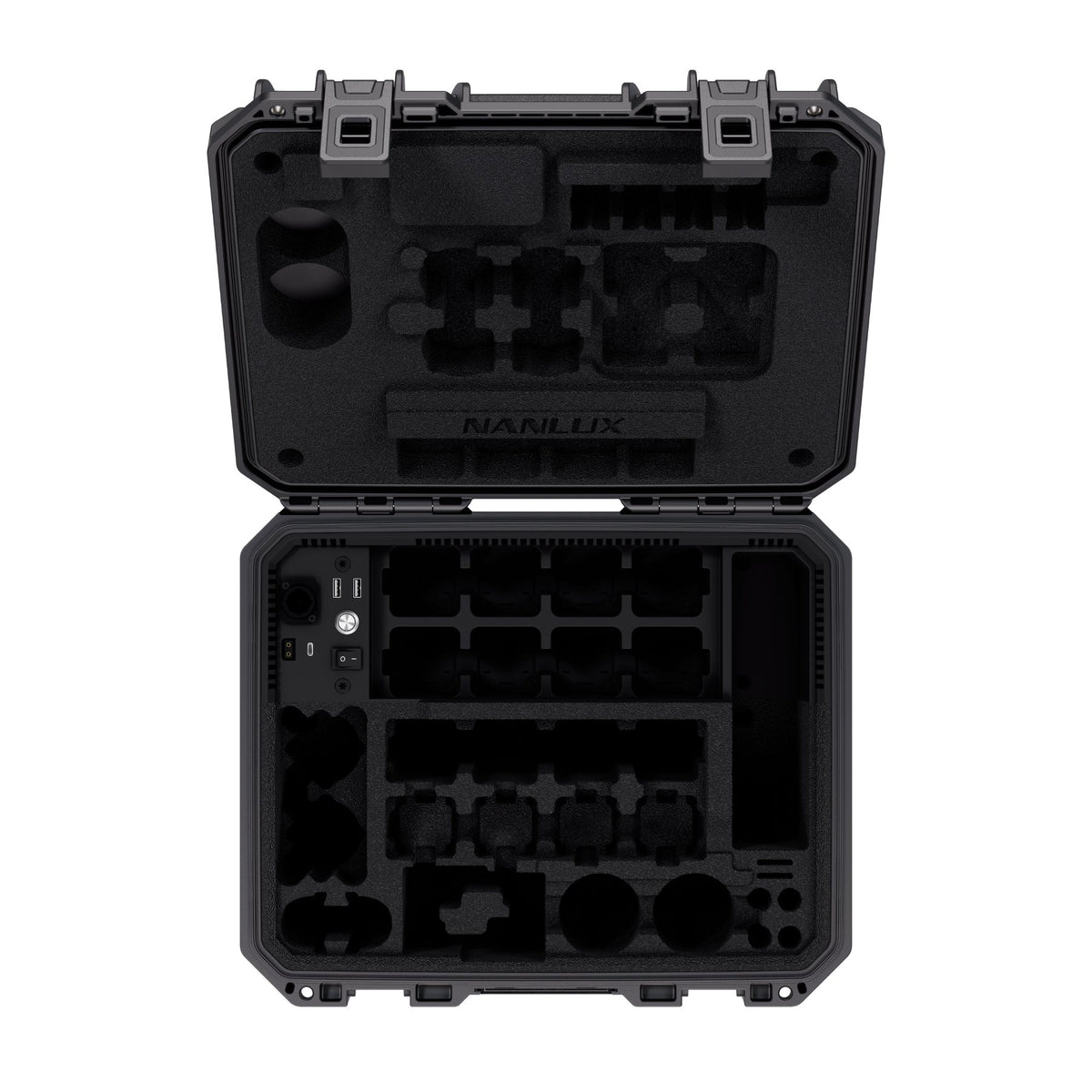Open case top view showing custom foam interior layout with empty compartments for lights, lenses, and accessories in the upper tray.