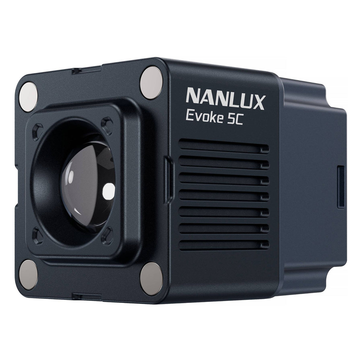 Single Evoke 5C light unit photographed at 3/4 angle, showing the lens front, magnetic mounting points, ventilation, and NANLUX branding on the compact head.