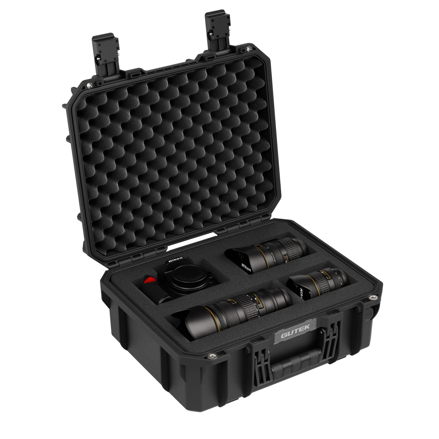 Gutek T-230 hard case open with foam insert holding camera gear