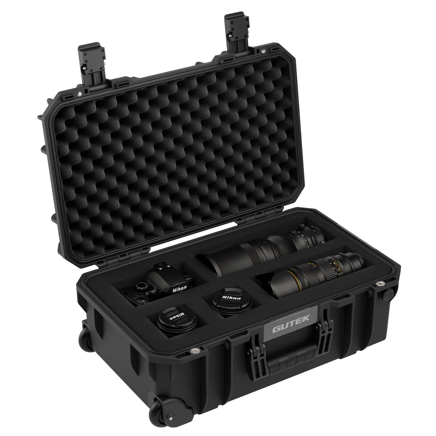 Gutek T-300 open case with camera gear stored in custom foam insert