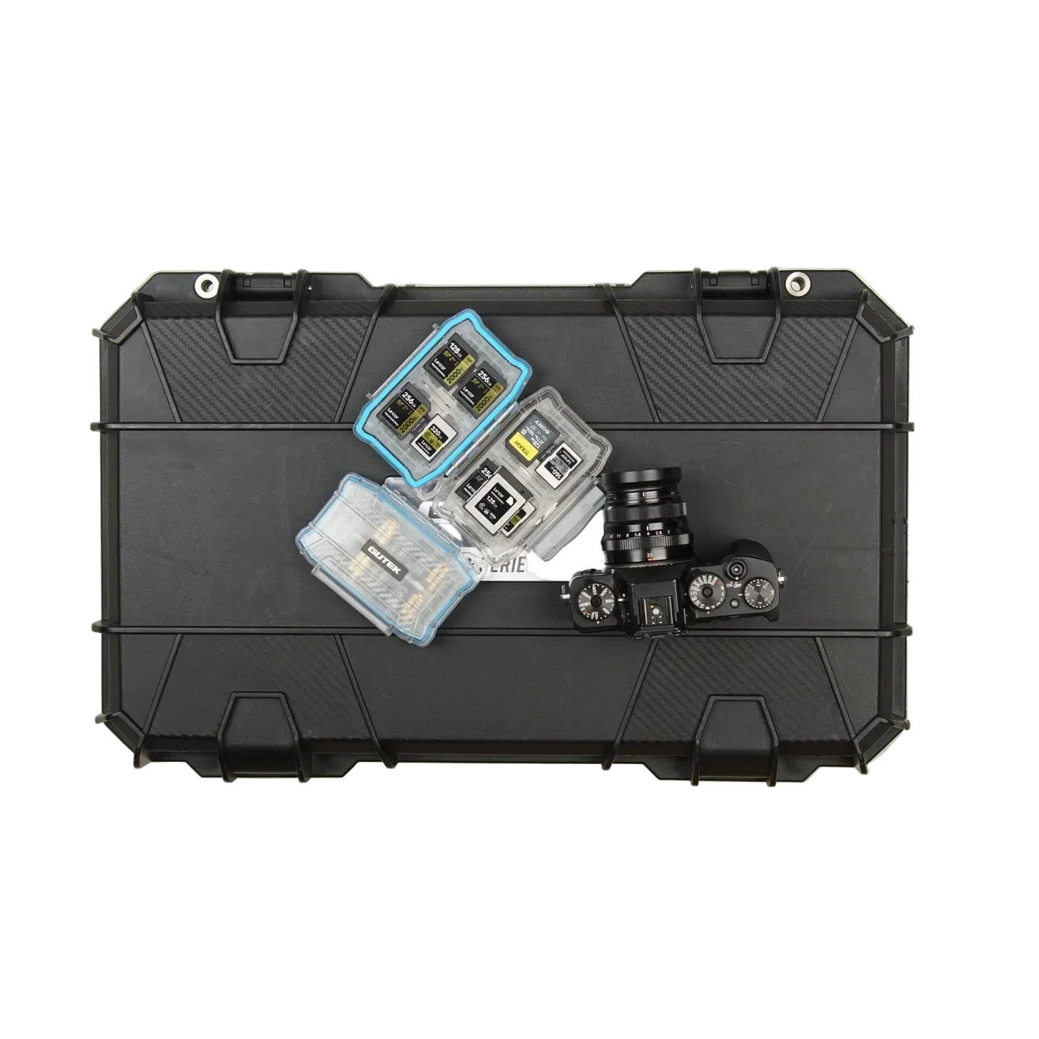 Gutek T-MCC-1 memory card case in use with SD cards and camera placed on T-300 hard case