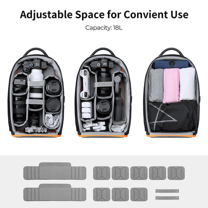 Interior layout of the K&F Classic-Shooter camera backpack showing adjustable padded dividers for cameras, lenses, and gear — 18L capacity.