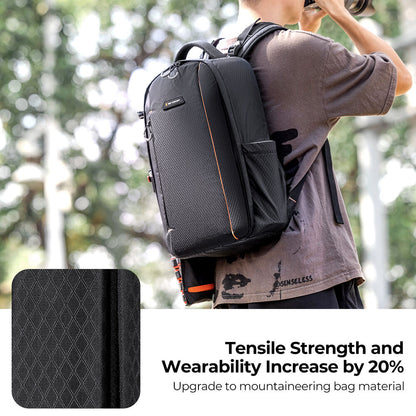 Photographer wearing the K&F Classic-Shooter camera backpack outdoors, demonstrating lightweight build and durable nylon exterior.