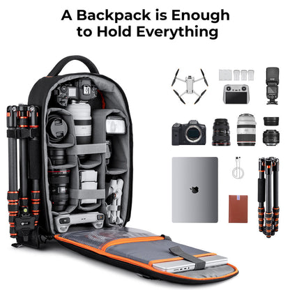 K&F Classic-Shooter backpack packed with full camera kit including DSLR, lenses, drone, laptop, and tripod — 18L gear storage.
