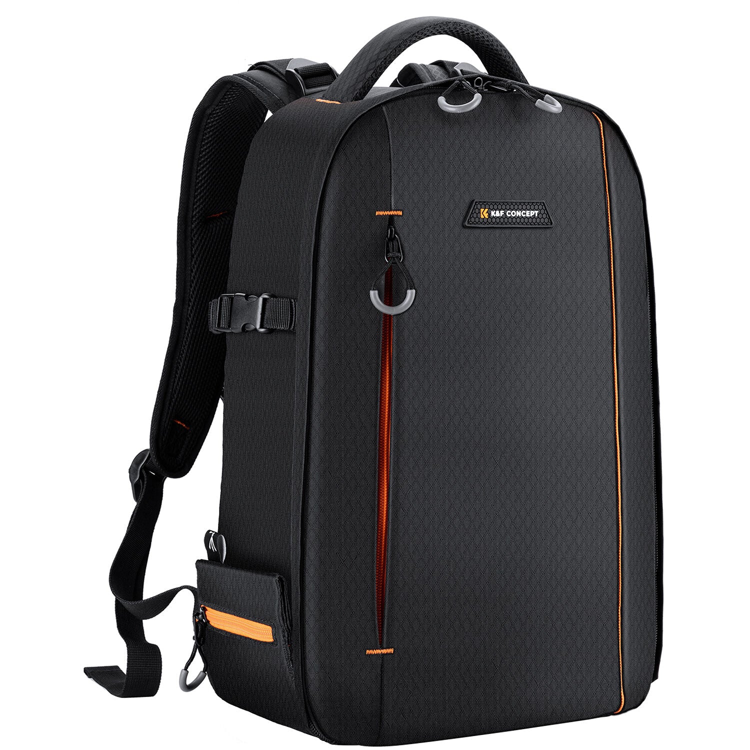 Front and side view of the K&F Classic-Shooter camera backpack in black with orange accents and waterproof zippers.