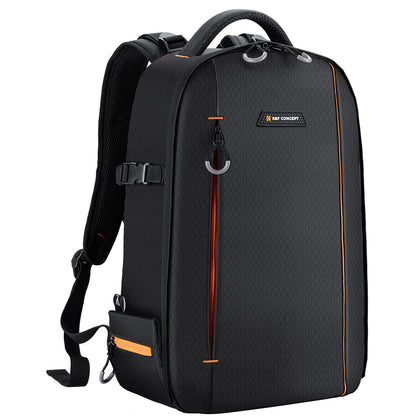 Front and side view of the K&F Classic-Shooter camera backpack in black with orange accents and waterproof zippers.