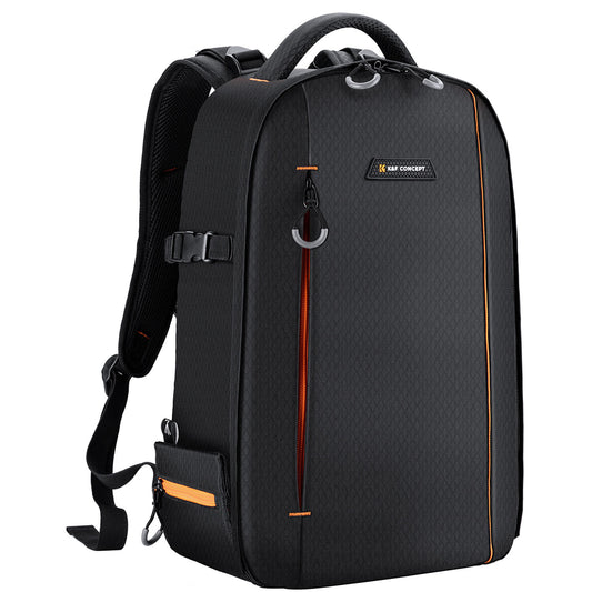 Front and side view of the K&F Classic-Shooter camera backpack in black with orange accents and waterproof zippers.