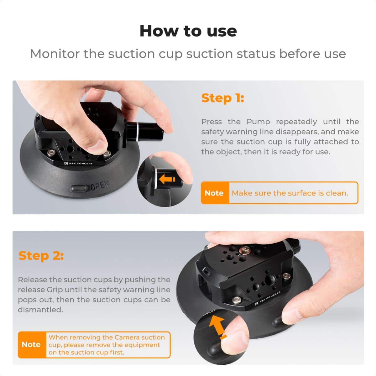 K&F Concept 4.5″ suction camera mount showing step-by-step pump activation and release tabs