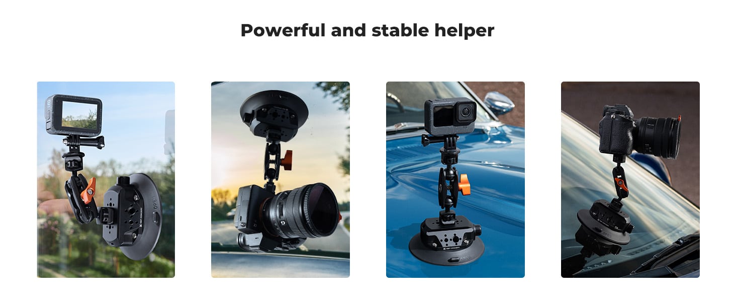 Suction mount with magic arm holding cameras on car glass and body for vehicle-mounted filming demos