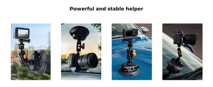 Suction mount with magic arm holding cameras on car glass and body for vehicle-mounted filming demos