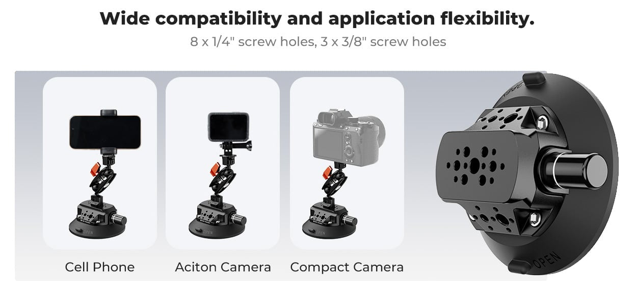 Wide compatibility display: phone, action camera and compact camera on the suction base with magic arm