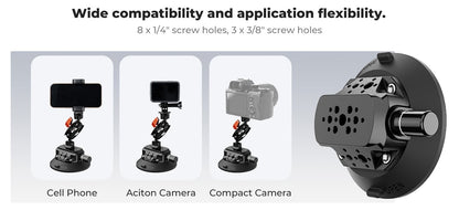 Wide compatibility display: phone, action camera and compact camera on the suction base with magic arm