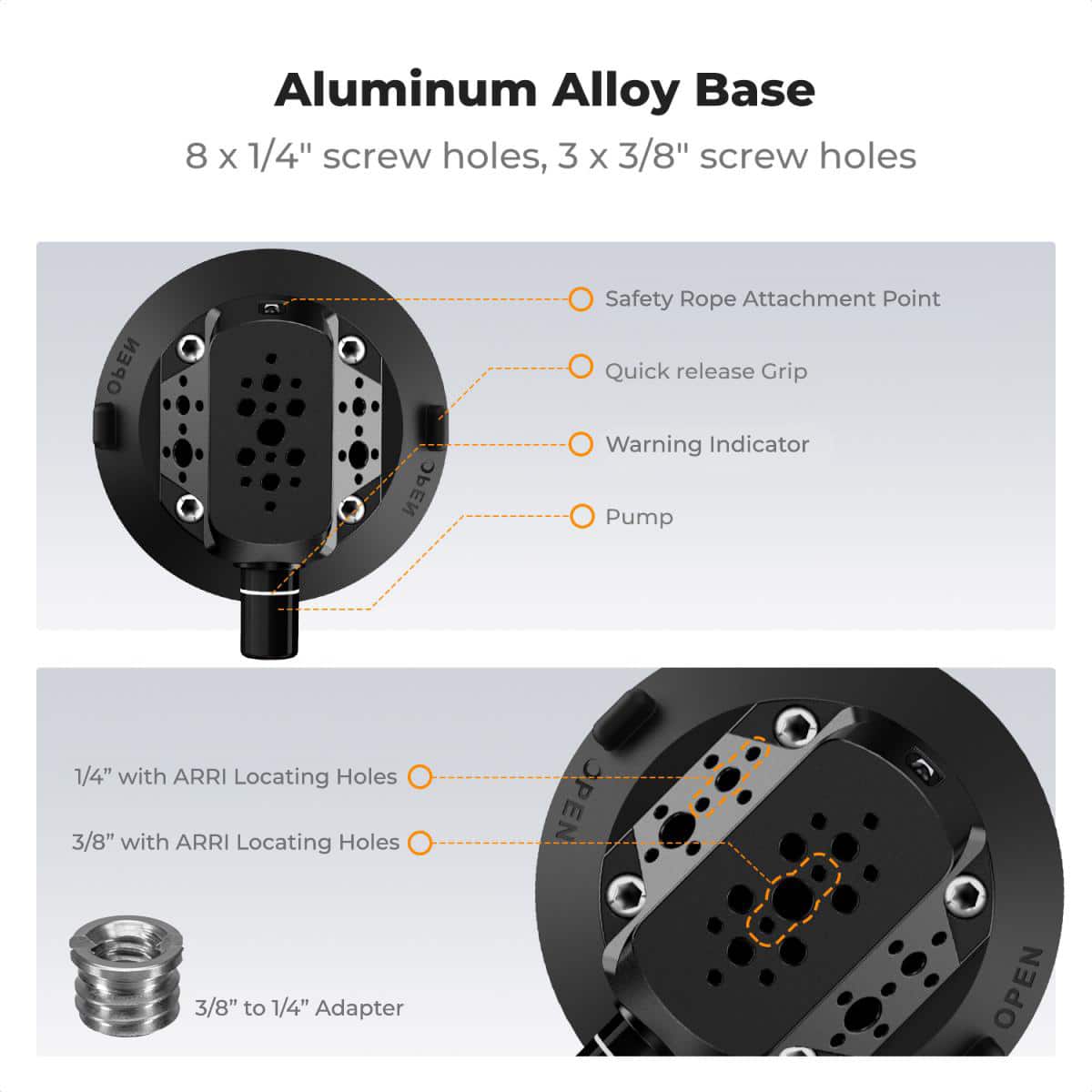 Aluminium alloy base close-up with labelled ARRI locating holes, 1/4″ and 3/8″ threads, pump and warning band
