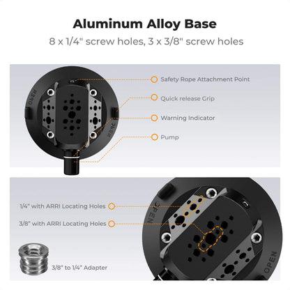 Aluminium alloy base close-up with labelled ARRI locating holes, 1/4″ and 3/8″ threads, pump and warning band