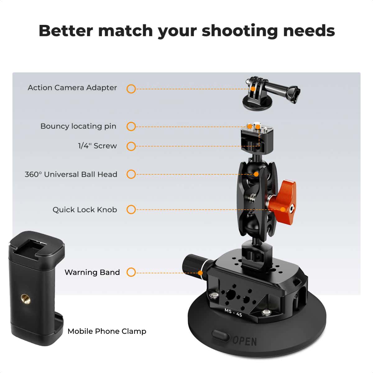 Exploded view of magic arm and adapters with labels: 1/4″ screw, locating pin, quick-lock knob, phone clamp